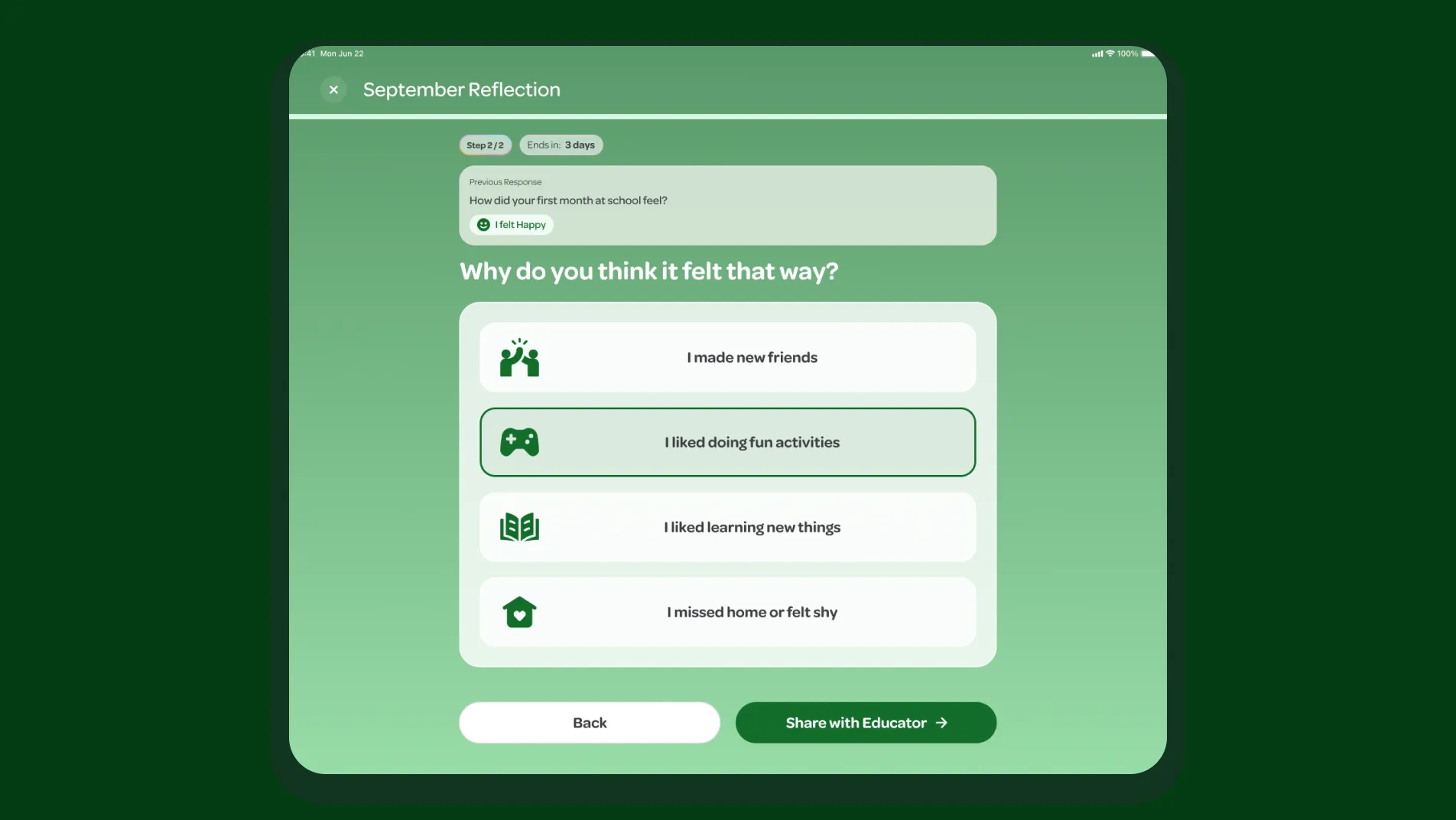 Guided student reflection flow on tablet