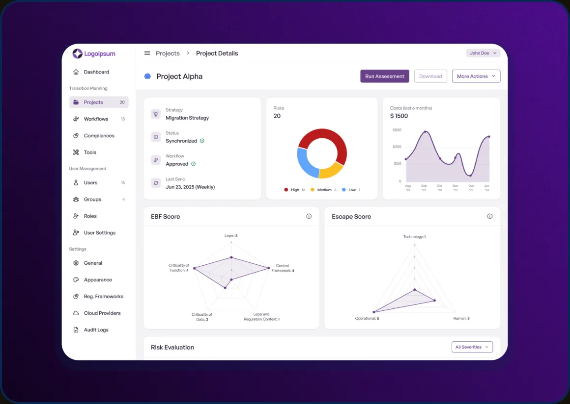 Cloud exit and compliance platform dashboard