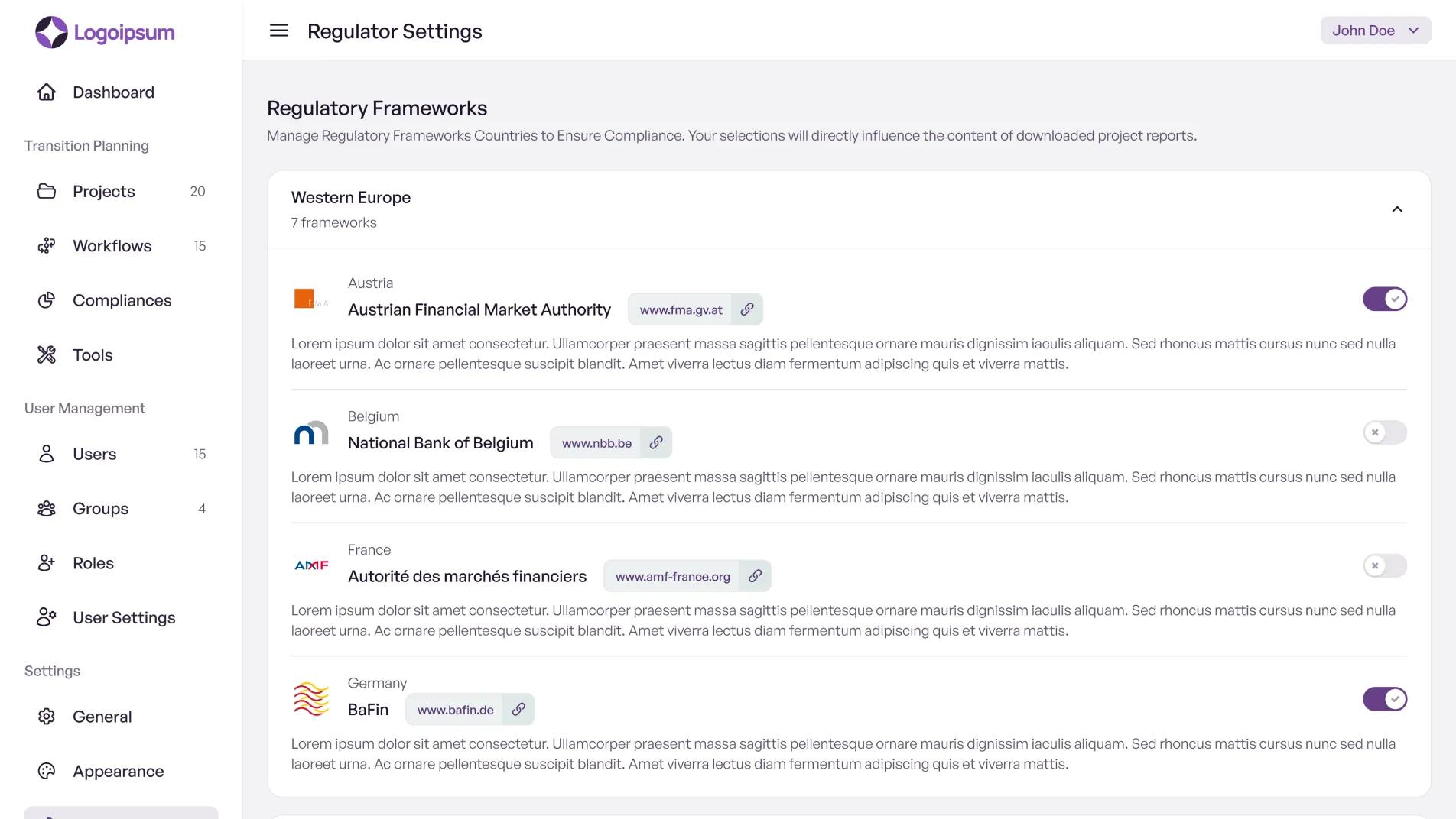 Regulatory settings screen