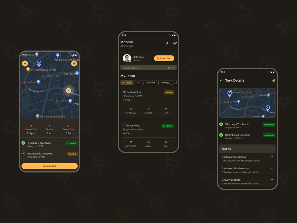Evolve Delivery dark mode screens