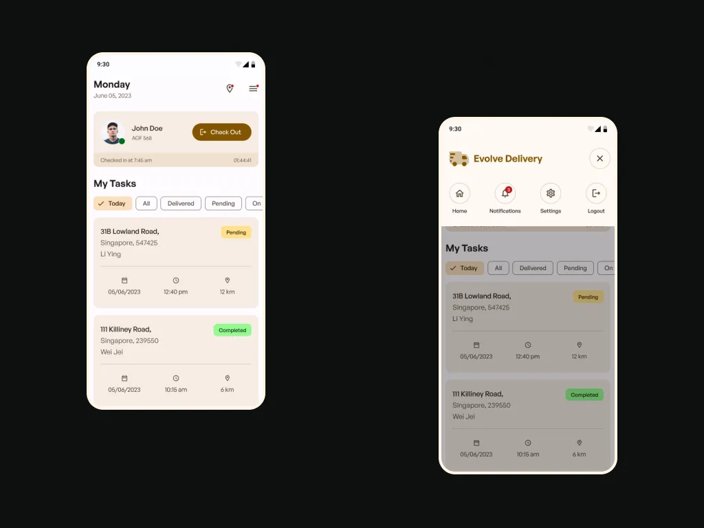 Evolve Delivery driver homepage