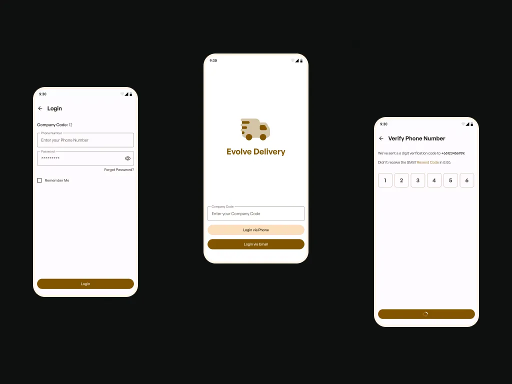 Evolve Delivery onboarding and OTP login screens