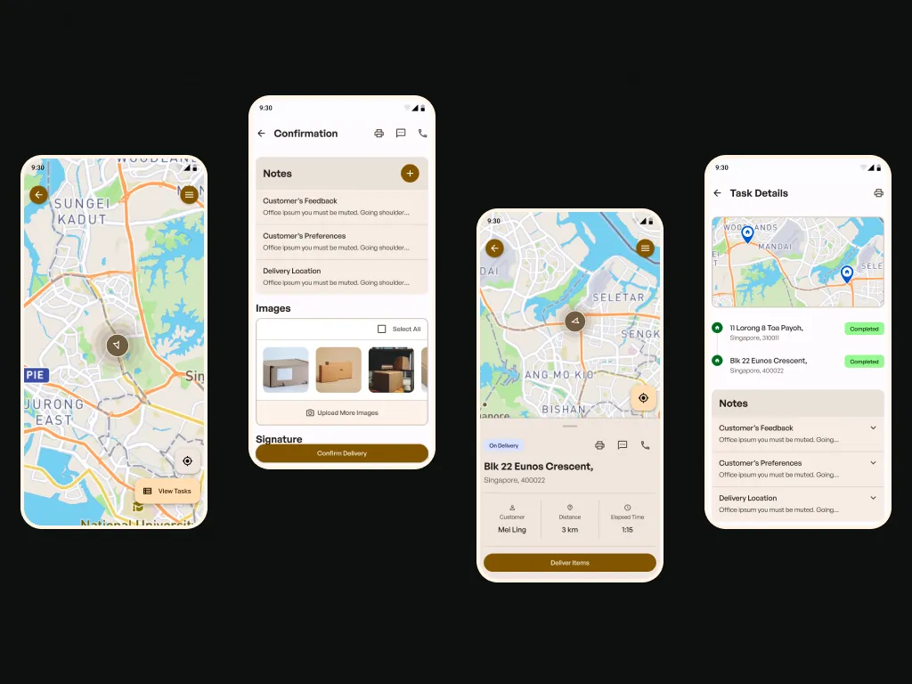 Evolve Delivery task tracking and map screens